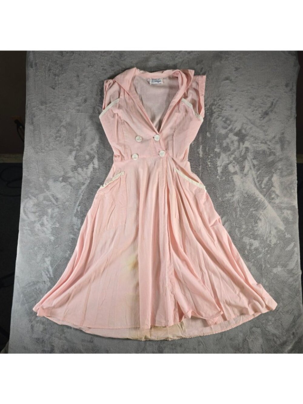Vintage 1950s Loungees Pink Swiss Dot Double-Breasted Fit & Flare Day Dress (L) - Picture 11 of 13